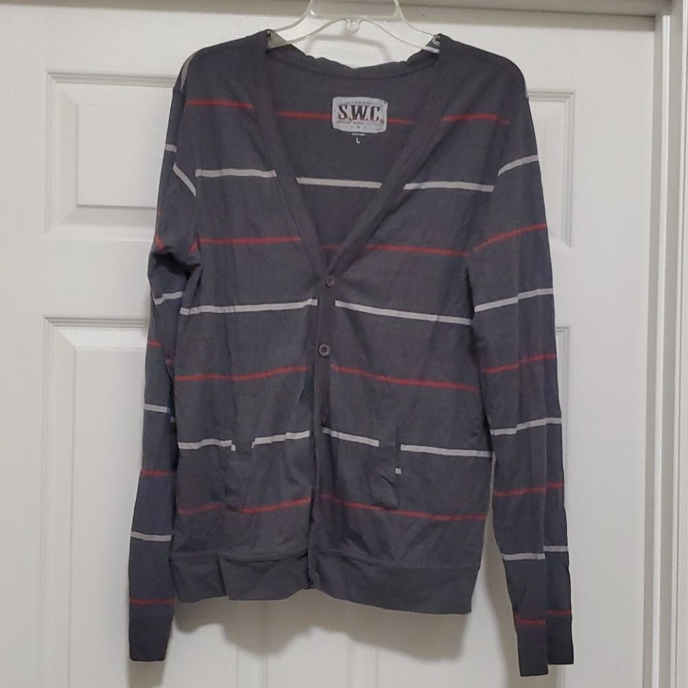 ❣️SWC Sunday Work Clothes gray stripe Men's L button Front Pockets cardigan